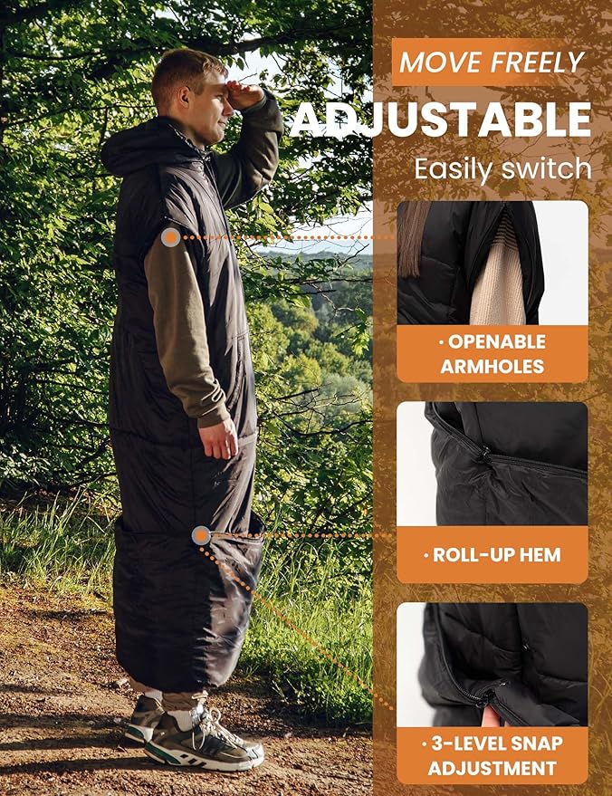 Adult Wearable Sleeping Bag with Hoodie Sleeveless Design Adjustable Drawstring Waterproof Wearable Sleeping Bag Ideal for Camping Cold Weather