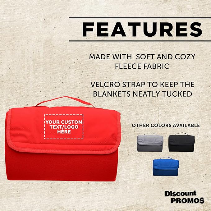 DISCOUNT PROMOS Custom Roll Up Picnic Blankets Set of 10/50/100 Personalized Bulk Pack Great for Camping Picnic Beach Sports Outdoor Activities - Red