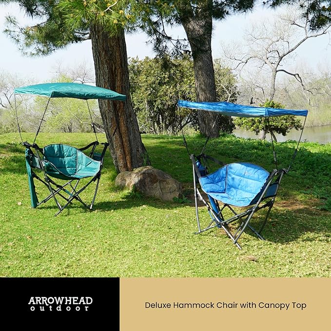 ARROWHEAD OUTDOOR Portable Folding Swinging Hammock Camping Chair Removable Canopy Perfect for Stargazing Cup Holder Storage Pouch Carrying Bag Included Supports up to 300lbs USA-Based Support