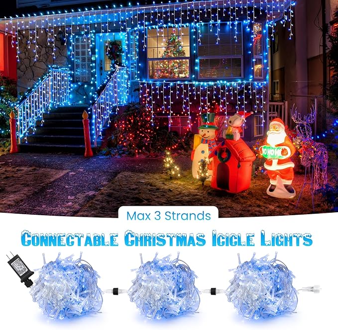 Toodour White &amp Blue Christmas Icicle Lights 29.5ft 360 LED Icicle Lights 8 Modes 60 Drops Window Curtain Led Christmas Light Icicle Twinkle Light for Eaves Party Wedding Xmas Decorations