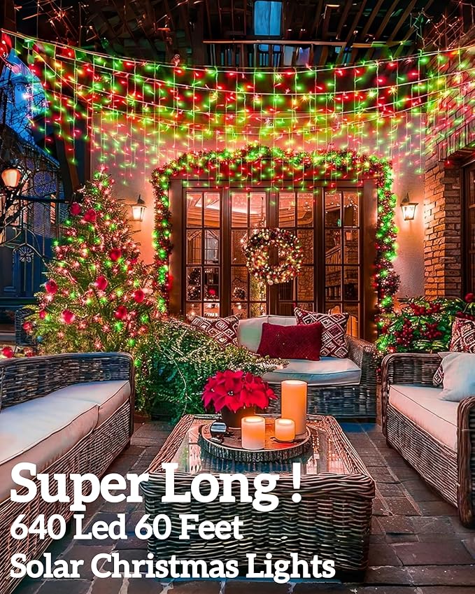 Solar Christmas Lights Outdoor 640LED 16Ft+60Ft Solar Icicle Lights Waterproof with 13 Modes Rechargeable for Outside Roof Fence Christmas Decorations