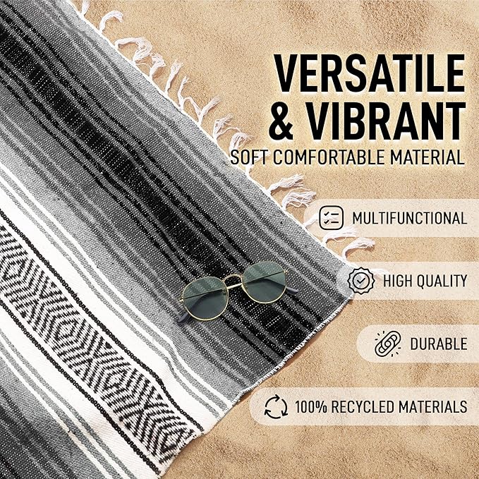 Hydration Nation Authentic Extra Large Mexican Blanket (70x50) - Handwoven Yoga Serape- Artisanal Falsa Beach Camping Picnic Outdoor(Gray)
