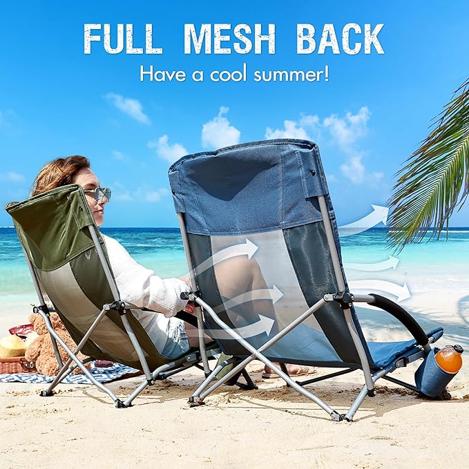 Portal Beach Chairs for Adults Camping Low Lightweight Portable Chair with Cup Holder Mesh Back Carry Bag for Outdoor Sand Lawn Travel Picnic Festival Concert