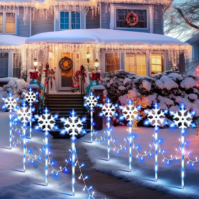 10 Pcs Christmas Snowflake Pathway Stake Lights for Outdoor Yard 370 Bright LEDs Waterproof Large Christmas Snowflake Light Decoration for Garden Lawn Driveway Walkway Decor (Blue White)
