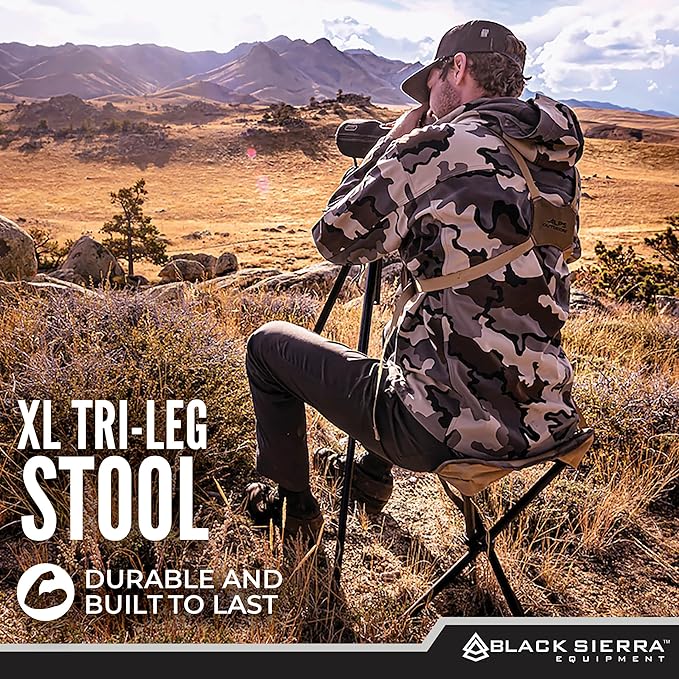Black Sierra Folding Hunting Stool w/Shoulder Strap Supports 225 lbs Lightweight Collapsible Tripod Seat Foldable Steel Frame Chair Perfect for the Hunting Blind