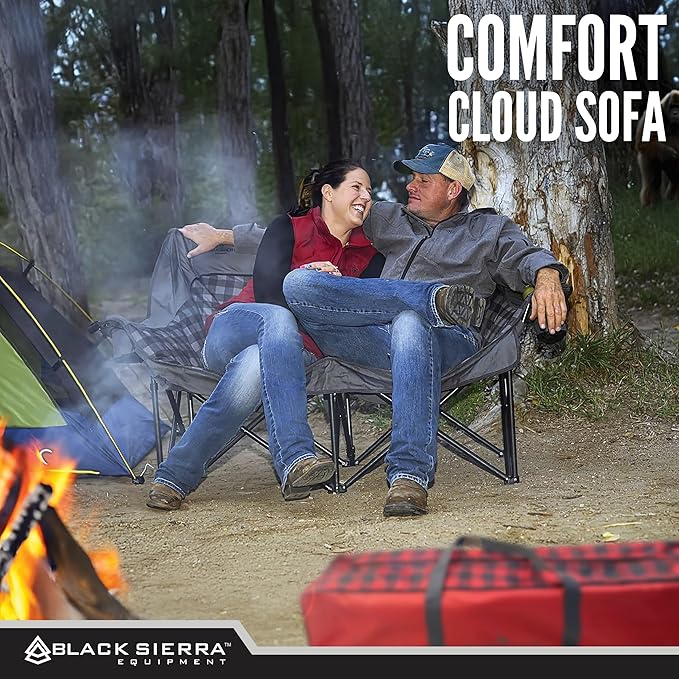 Black Sierra Double Camping Chair for Adults Oversized Folding Loveseat Supports 600 lbs Plush Padded Outdoor Couch with Cup Holders and Carry Bag for Beach Patio RV or Tailgating Events