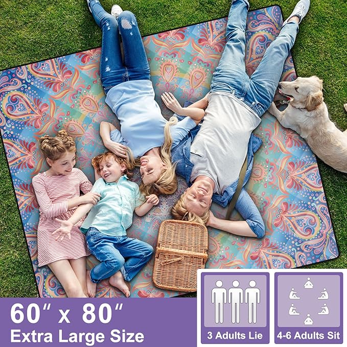 60x80 Extra Large Picnic Blankets Waterproof Sandproof Couple Outdoor Beach Blanket Foldable Grass Park Lawn Concert Mat Summer Camping Essentials Rv Travel Vacation Accessories Festival Gift