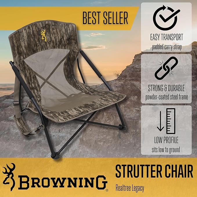 Browning Strutter Hunting Chair – Low-Profile Folding Turkey &amp Predator Chair in Realtree Legacy with Rotating Feet Steel Frame Carry Strap &amp Compact Design for Hunting and Camping