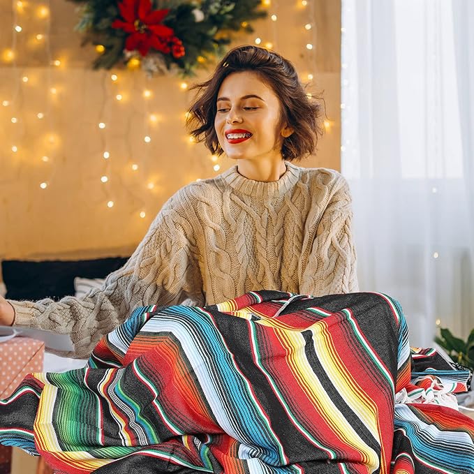 Tudomro 4 PCS Large Authentic Mexican Blankets Colorful Mexican Striped Throw Blankets Serape Fiesta Beach Fringe Yoga for Home Office Camping Picnic (Bright)