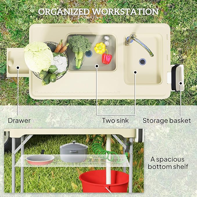 Outsunny Folding Fish Cleaning Table with Sinks Portable Camping Sink Table with Faucet Drainage Hose Sprayer Shelf Drawer and Storage Basket Outdoor Fillet Table for Picnic Beach Patio Tan