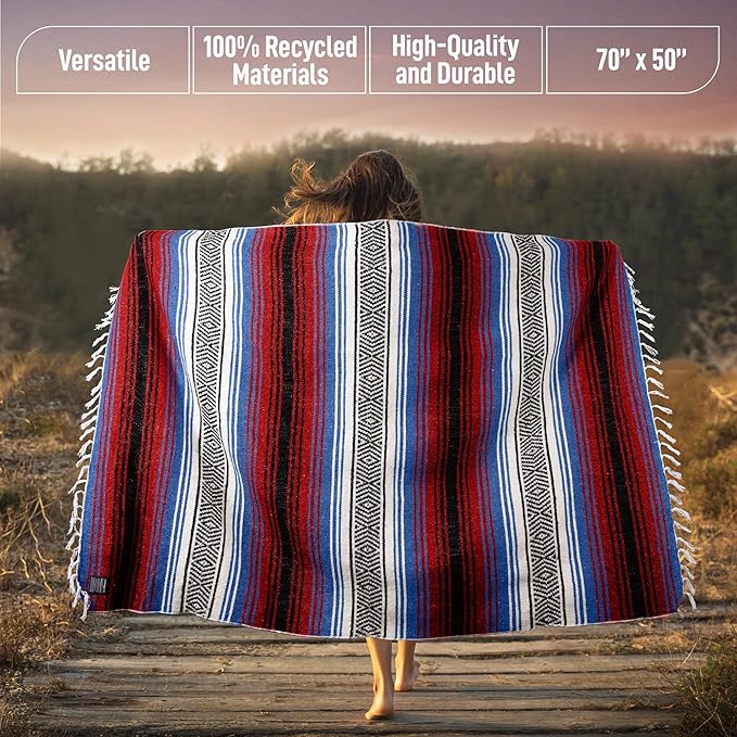 Hydration Nation Authentic Large Handwoven Mexican Striped Throw Blanket - Soft Durable Eco-Friendly - 70x50 - Mariner