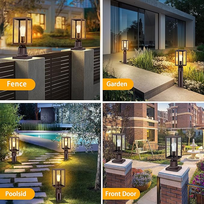 Dusk to Dawn Outdoor Post Lights with Pier Mount Base 2-Pack Modern Lamp Post Light Fixture Waterproof Pole Lights Outdoor Column Lights Exterior Post Lantern with Clear Glass for Garden Patio Brown