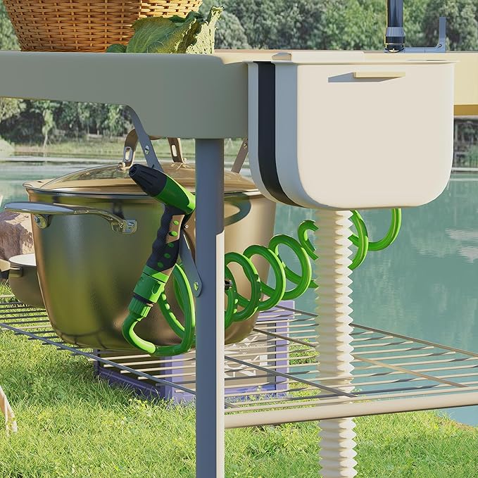 Outsunny Folding Fish Cleaning Table with Sinks Portable Camping Sink Table with Faucet Drainage Hose Sprayer Shelf Drawer and Storage Basket Outdoor Fillet Table for Picnic Beach Patio Tan