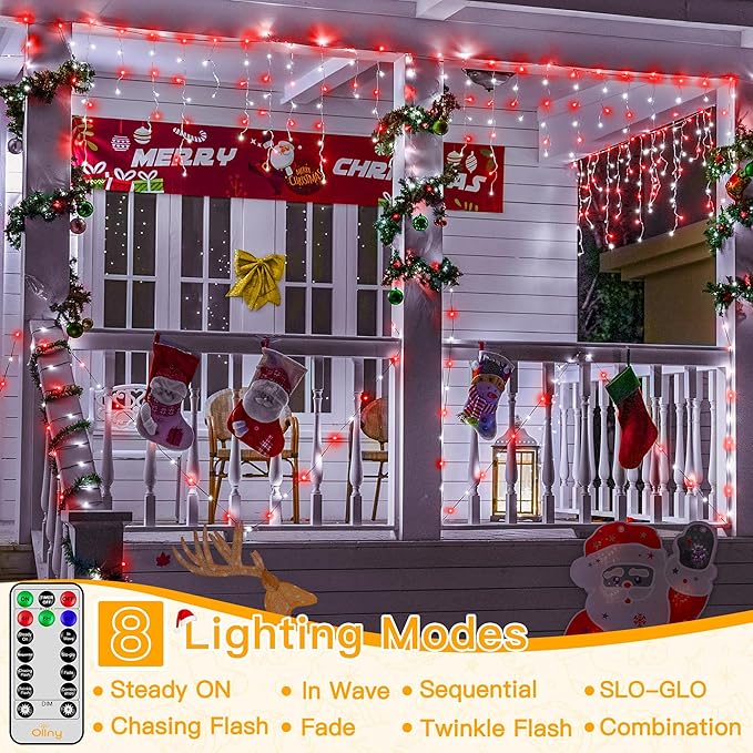 Ollny Icicle Lights for Outside 504LED 41FT Red and White Christmas Light with Remote 8Modes Timers Waterproof Plug in Connectable Hanging Lights for Outdoor Indoor House Roof Holiday