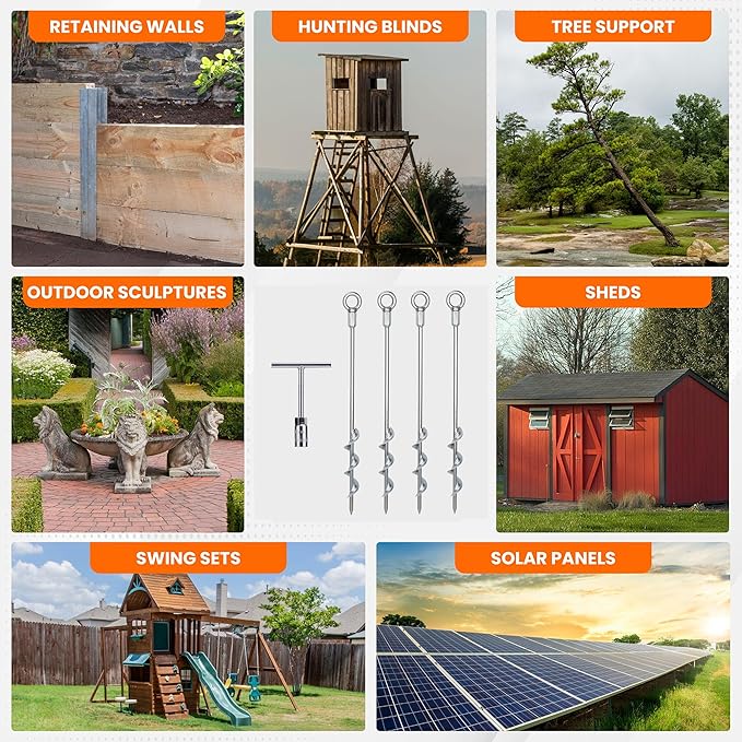 Earth Anchors - 18 Set of 4 Heavy Duty Ground Stakes - Screw in Anchors for Mobile Homes Sheds Swing Sets Trees Awnings &amp Canopies - Includes Drill Bit