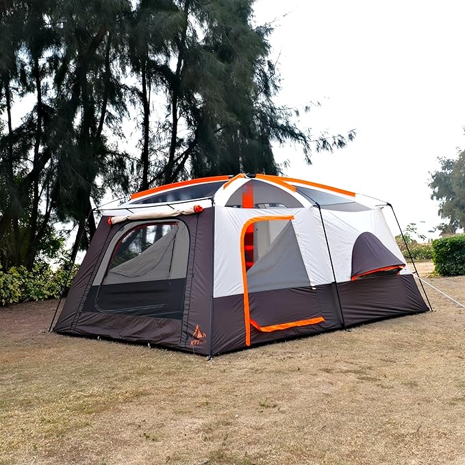 KTT Extra Large Tent 10-12-14 Person(A)Family Cabin Tents2 Rooms3 Doors and 3 Windows with MeshStraight WallWaterproofDouble LayerBig Tent for OutdoorPicnicCampingFamily Gathering
