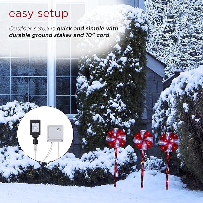 Alpine Corporation 28 Tall Outdoor Christmas Candy Cane Pathway Stake Lights with Multi-FunctionLED Set of 3 Festive Lawn and Garden Holiday Decor Red and White