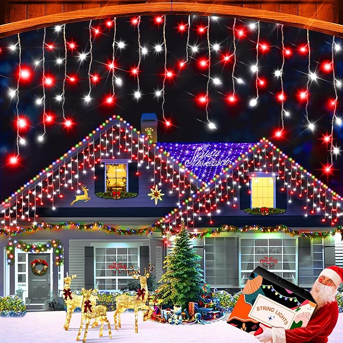 XURISEN 66ft Christmas Lights Decorations Outdoor 640 LED 8 Modes Curtain Fairy Lights with 120 DropsPlug in Waterproof Timer Memory Function for Christmas Holiday Wedding Party Decor(Red+White)