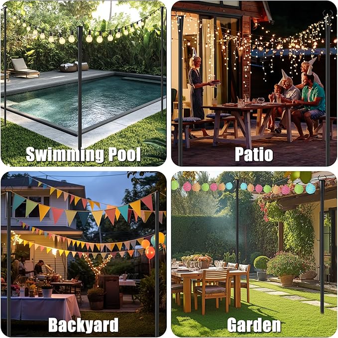 10Ft String Light Poles 2 Pack for Outside Metal Outdoor Light Poles with 5 Prongs for Garden Patio Backyard Deck Fence Bracket Hanging Light for Party Wedding Decor