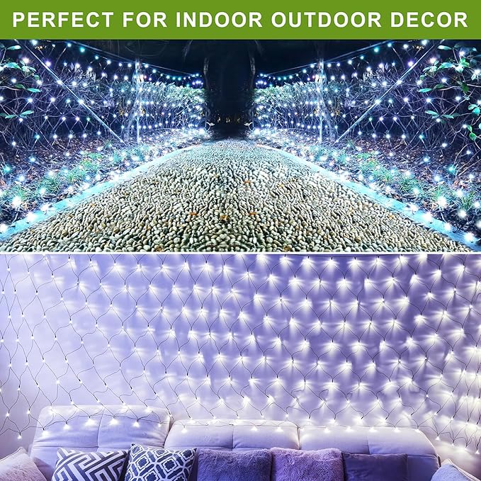 11.5FT x 5FT Solar Christmas Net Lights Outdoor with Remote 240 LED USB Cool White Mesh Lights for Bushes Waterproof 8 Modes Green Wire Christmas Trees Light Patio Indoor Decor