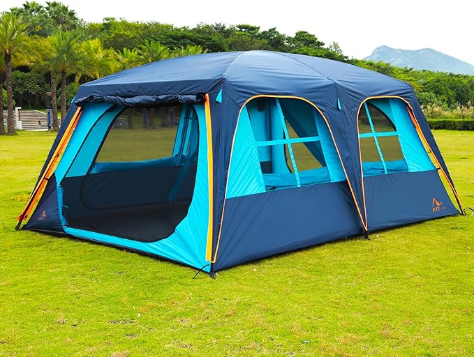 KTT Extra Large Tent 12 PersonFamily Cabin TentsAwning2 Rooms4 Doors and 4 Windows with MeshStraight WallWaterproofDouble LayerBig Tent for OutdoorPicnicCampingFamily Gathering