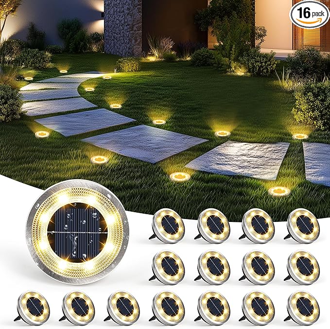 SOLPEX 16 Pack Solar Ground Lights Outdoor Waterproof Solar Powered Pathway Lights Landscape Lighting for Garden Walkway Driveway Backyard Decor (Warm White)