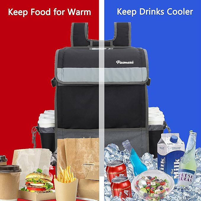 PACMAXI Food Delivery Backpack Insulated Food Delivery Bag with 6 Cup Holder Reusable Food Delivery Bag with Reflective Straps(Black)