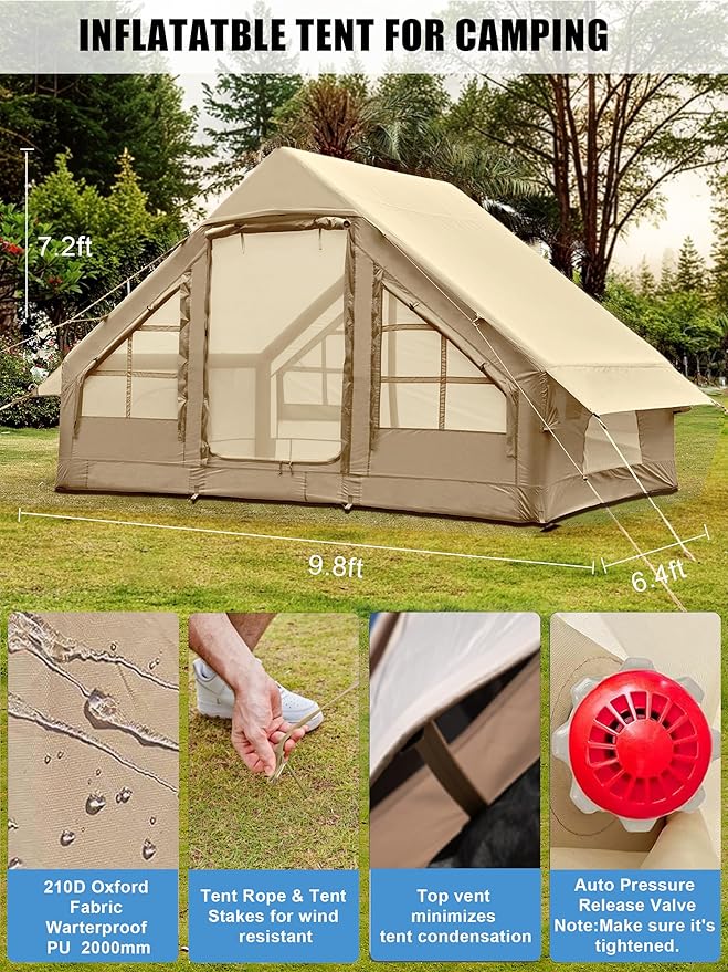 Inflatable Tents with Hand Pump Hot Tent with Stove Jack Easy Blow Up Glamping Tent with Mesh Windows 4-6 Person Instant Family Camping Tents Waterproof for 4 Seasons