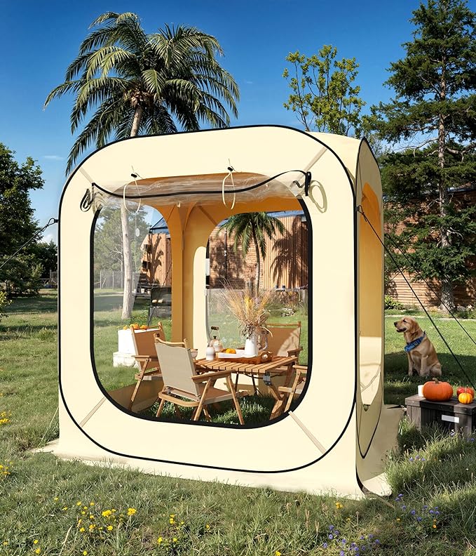 CABIHOME 10x10 Pop Up Bubble Tent All-Weather Outdoor Pod with Panoramic Clear View Windproof &amp Rainproof Shelter for 4-5 Person Patio &amp Backyard Beige