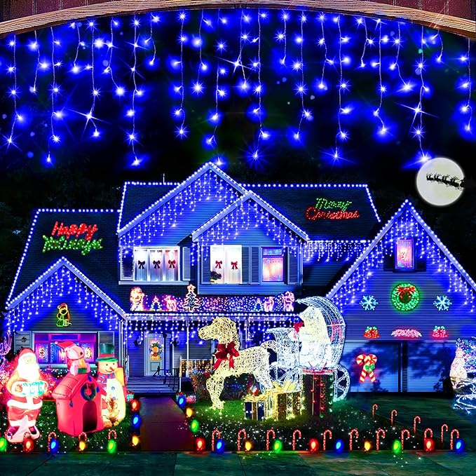 Hezbjiti Christmas Lights Decorations Outdoor 800 LED 65.6 FT 8 Modes 150 Drops Fairy String Curtain Lights for Christmas Decor Eaves Window Party Yard Garden Indoor (Blue)