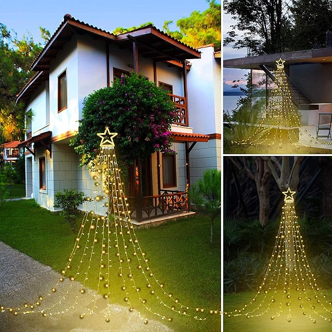 PUHONG Christmas Decoration Outdoor Star String Lights Christmas Tree Toppers Lights 320 LED 8 Modes with 12 Lighted Star for Halloween Christmas New Year Holiday Birthday Decor (Warm White)
