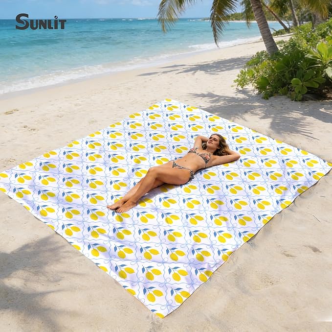 Sunlit Large Beach Blanket Waterproof Sand Proof 81 x106 Sand Free Mat with Corner Pockets and Storage Bag for Travel Beach Camping Outdoor Festival Chic Summer Accent Lemon Lattice