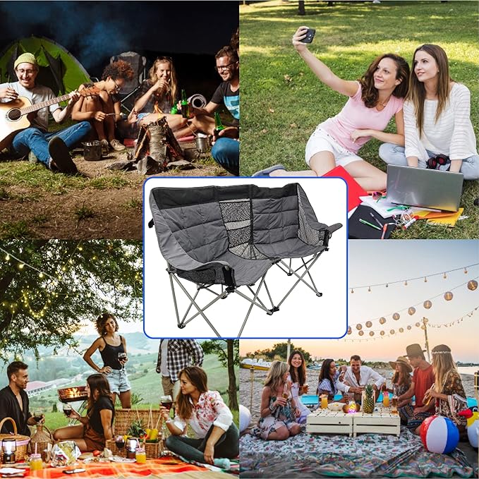 EasyGo Product Camping Chair - Double Love Seat Heavy Duty Oversized - Folds Easily and is Padded Black Grey