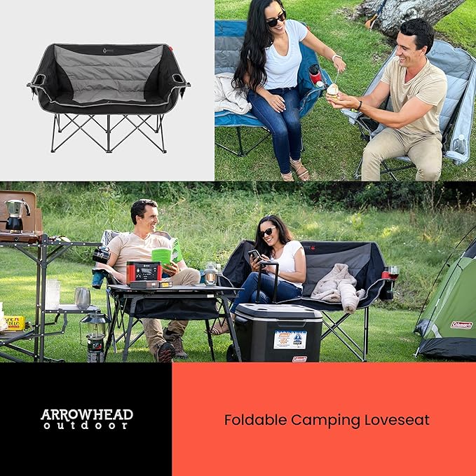 ARROWHEAD OUTDOOR 57 Wide Duo Foldable Heated Camping Loveseat Chair with 3-Stage Heating Large Cup Holders Glass Holders Side Pockets and Storage Pouches