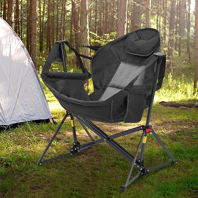 Ainfox Hammock Camping Chair Foldable Portable Rocking Chairs for Adults Outside Swinging Camp with Cup Holder Pillow for Outdoor Patio Poolside (Black)