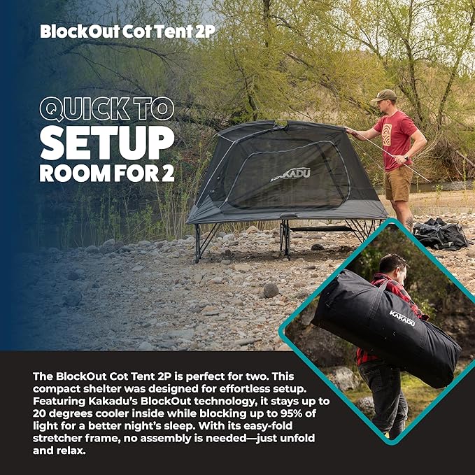 Kakadu Camping Tent Cot 2 Person Quick Setup Folding Compact Elevated Tent with BlockOut Rain Fly Awning Poles Ultra-Fine Mesh Windows and Carry Bag