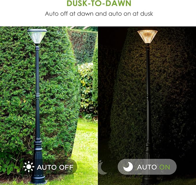 TIERONE 7.2FT LED Post Solar Light Dusk to Dawn Landscape Pathway 1-Head Pole Light IP65 Waterproof 3000K Warm White Outdoor Street Lights for Lawn Patio Yard Pathway Garden