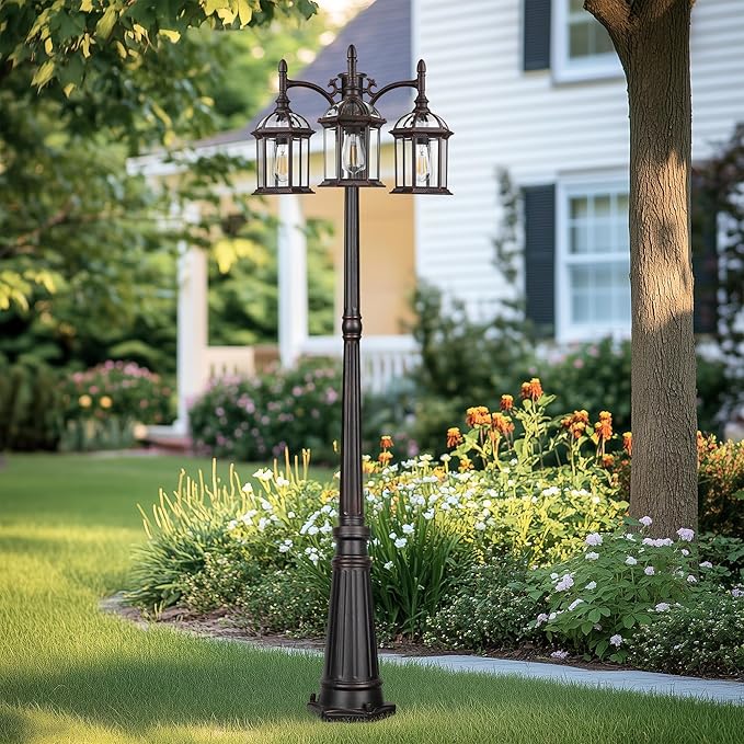 Dusk to Dawn Outdoor Lamp Post Light with 3 LED Bulbs Triple Head Aluminum Street Light Post for Outside with Sensor Waterproof Birdcage Pole Lighting Fixture for Backyard Garden Patio Bronze
