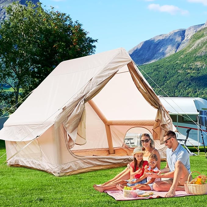 Inflatable Camping Tent 4-6 Person 5Min Quick Setup with Hand Pump 4 Season Waterproof Windproof Oxford Air Tent Mesh Windows Spacious Glamping Tent for Family Outdoor Camping