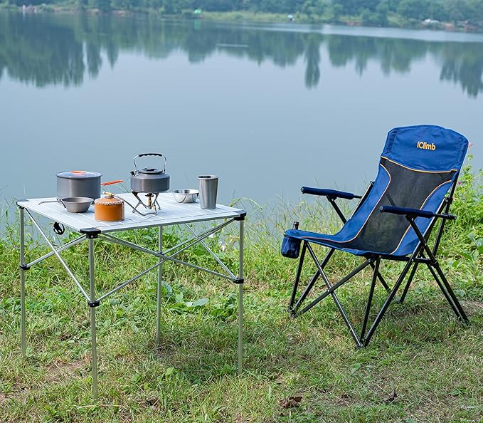 iClimb Lightweight Stable Alu. Folding Square Table Roll Up Top with Carry Bag for Camping Picnic Backyards BBQ Camp Kitchen (Nature L)