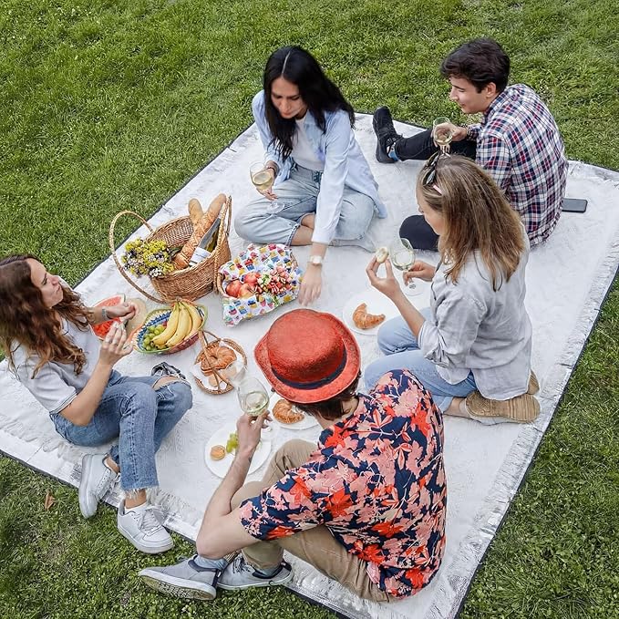 110×134'' Extra Large Outdoor Picnic Blanket with Waterproof Mat Oversize Beach Woven Cotton Yarn Blanket with Fringe Machine Washable Sandproof Portable for Spring Summer Camping Beach Park