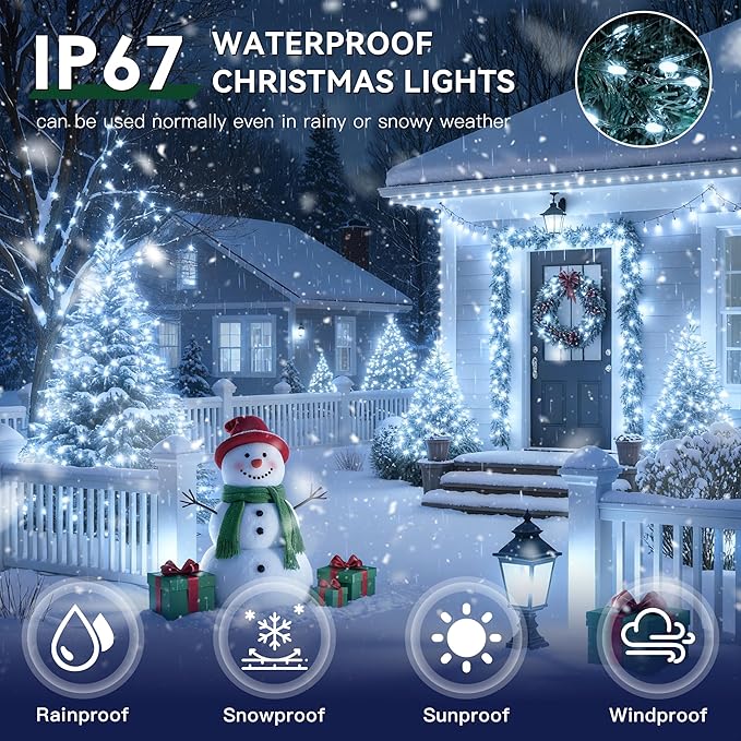 Outdoor Christmas Lights 800LEDs 262FT Christmas Tree String Lights IP67 Waterproof 8 Modes Cold White Holiday Lights with Remote for House Yard Xmas Decorations