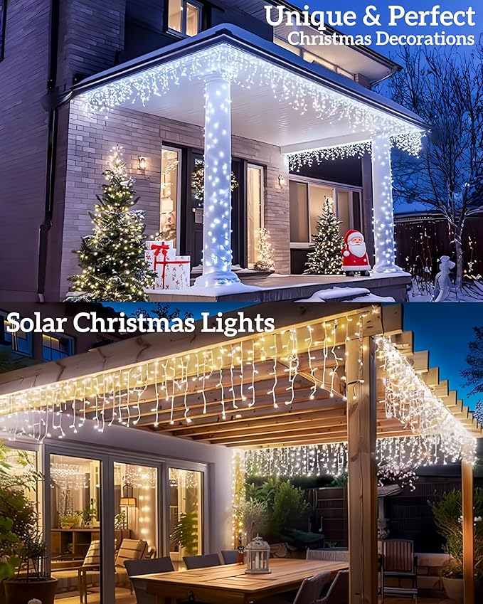 Solar Christmas Lights Outdoor 640LED 16Ft+60Ft Solar Icicle Lights Waterproof with 13 Modes Rechargeable for Outside Roof Fence Christmas Decorations