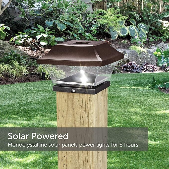 Solar Post Lights | Automatic ON/Off Waterproof Outdoor Cap Lights for 4 x 4 Wooden Post | Cool White 8-Pack (Brown)