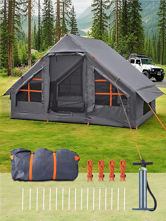 Inflatable Tents with Hand Pump Hot Tent with Stove Jack Easy Blow Up Glamping Tent with Mesh Windows 4-6 Person Instant Family Camping Tents Waterproof for 4 Seasons