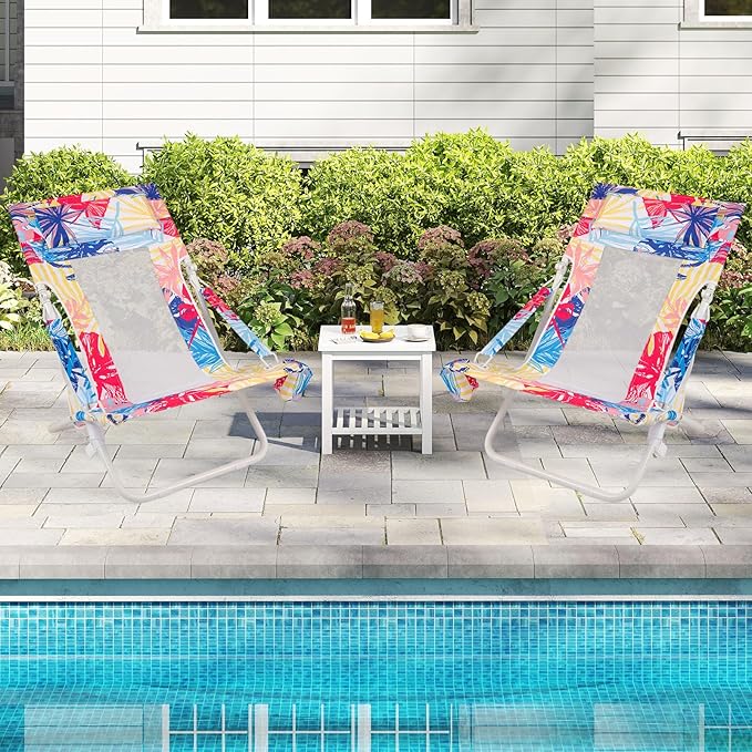 Giantex 2-Pack Folding Beach Chair Low Lawn Chairs with Padded Head Pillow Mesh Back Cup Holder and Armrests Portable Outdoor Lounge Chair for Camping Sunbathing Picnic Fishing