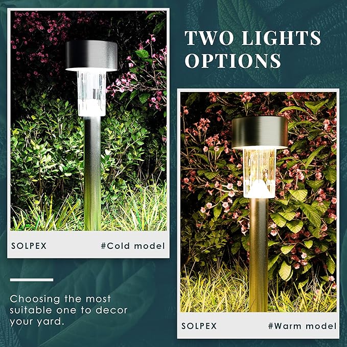 SOLPEX 16 Pack Solar Outdoor Lights Pathway Stainless Steel Solar Lights Outdoor WaterproofLED Landscape Lighting Walkway for Landscape/Patio/Lawn/Yard/Driveway-Cold White