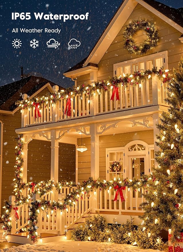Moonflor C9 Christmas Lights Outdoor Vintage Christmas String Lights 100FT 100LED Green Wire (Warm White)