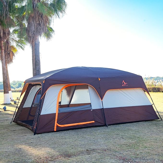 KTT Extra Large Tent 10-12-14 Person(Style-B)Family Cabin Tents2 Rooms3 Doors and 3 Windows with MeshStraight WallWaterproofDouble LayerBig Tent for OutdoorPicnicCampingFamily Gathering
