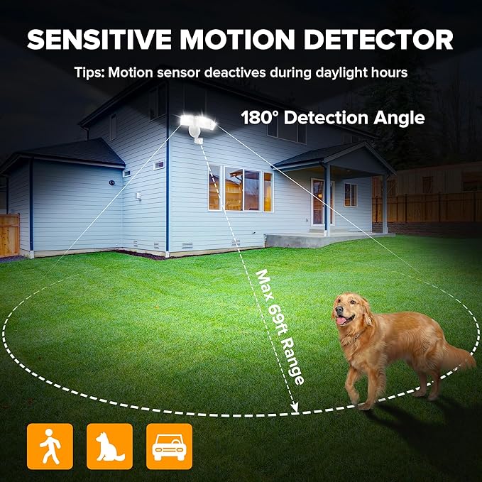 UME 49W 5500LM LED Security Lights Motion Sensor Light Outdoor 5000K Daylight IP65 Waterproof Dusk to Dawn 3 Head Motion Detected Flood Light for Garage Yard Porch(White)